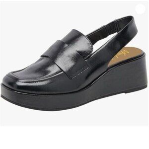 miss left Women's Wedge Heel Slingback Pumps Platform Closed Toe Mid Heels Black